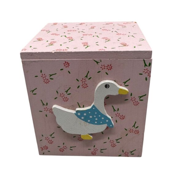 Decorative Pink Wooden Box trinket With Duck Design floral lid cube 3.5" READ - Picture 1 of 8